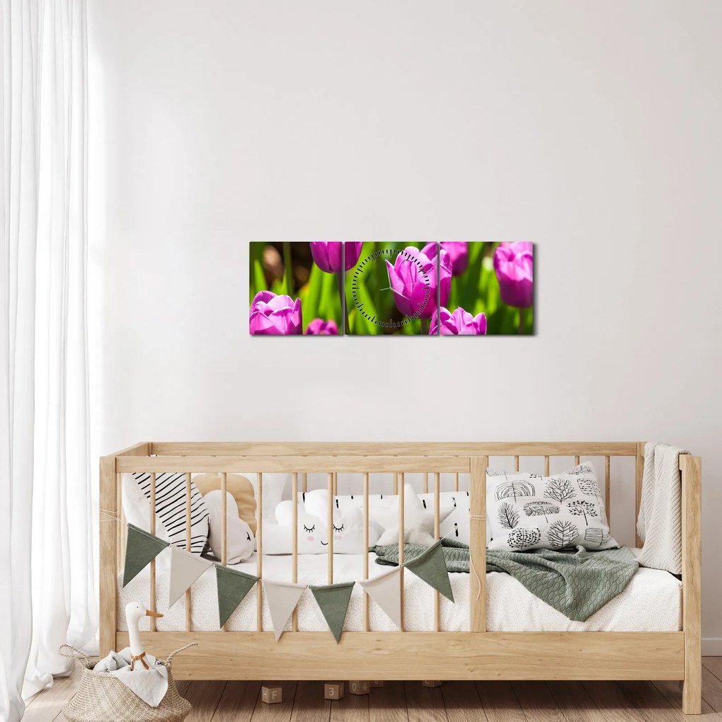 Tablou cu lale pe luncă (cu ceas) (90x30 cm)