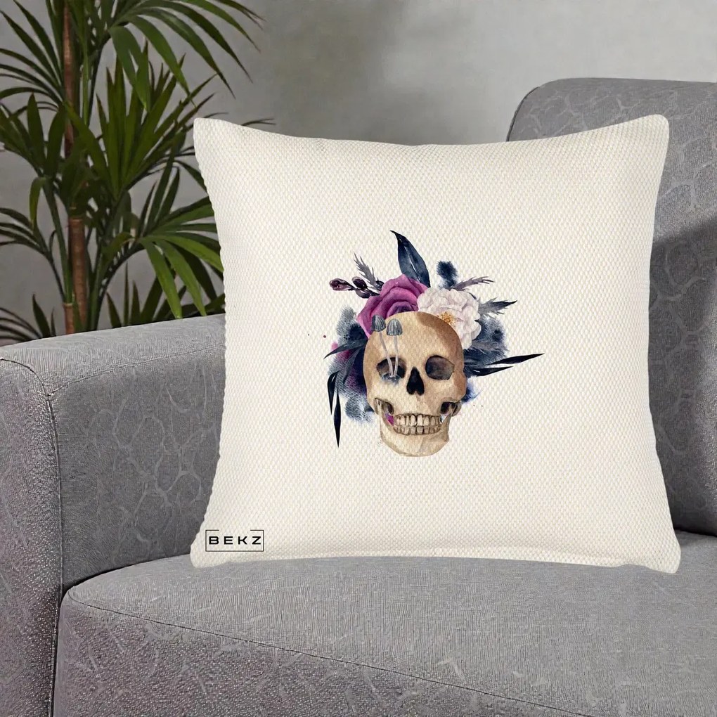 Perna Decorativa Craniu Floral cu Trandafiri si Ciuperci, 40x40 cm, Crem Reliefat, Husa Detasabila, Perna Inclusa, BEKZ®