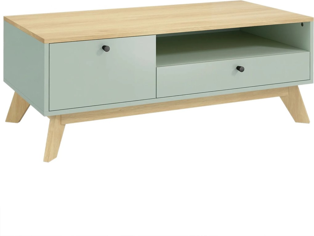 HOMCOM Masă de cafea pentru living, măsuță dreptunghiulară cu sertar, ușă și compartiment deschis, verde deschis și stejar | Aosom Romania