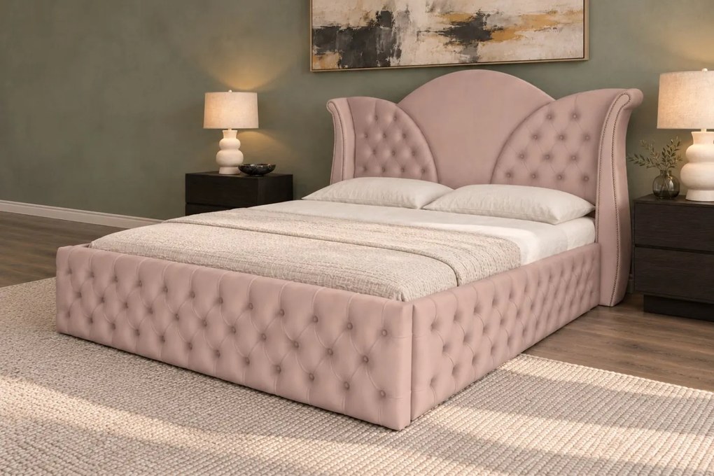 Pat tapițat Chesterfield din catifea Velora Deluxe Classic 180×200 cm, cappuccino, cu ladă de depozitare