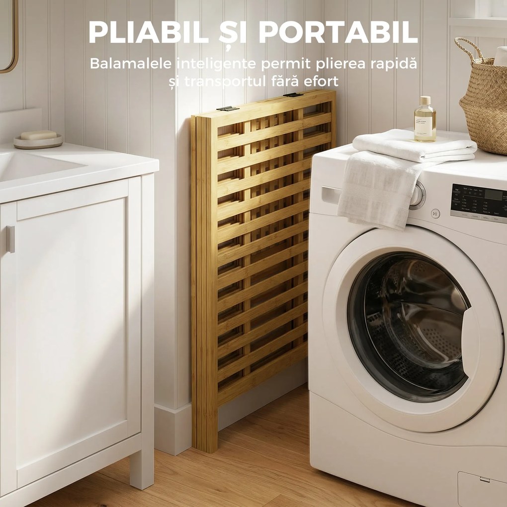 HOMCOM Coș de Rufe din Bambus 64L cu Capac, 2 Saci din Material Oxford Detașabili și Lavabili, Culoare Lemn | Aosom Romania