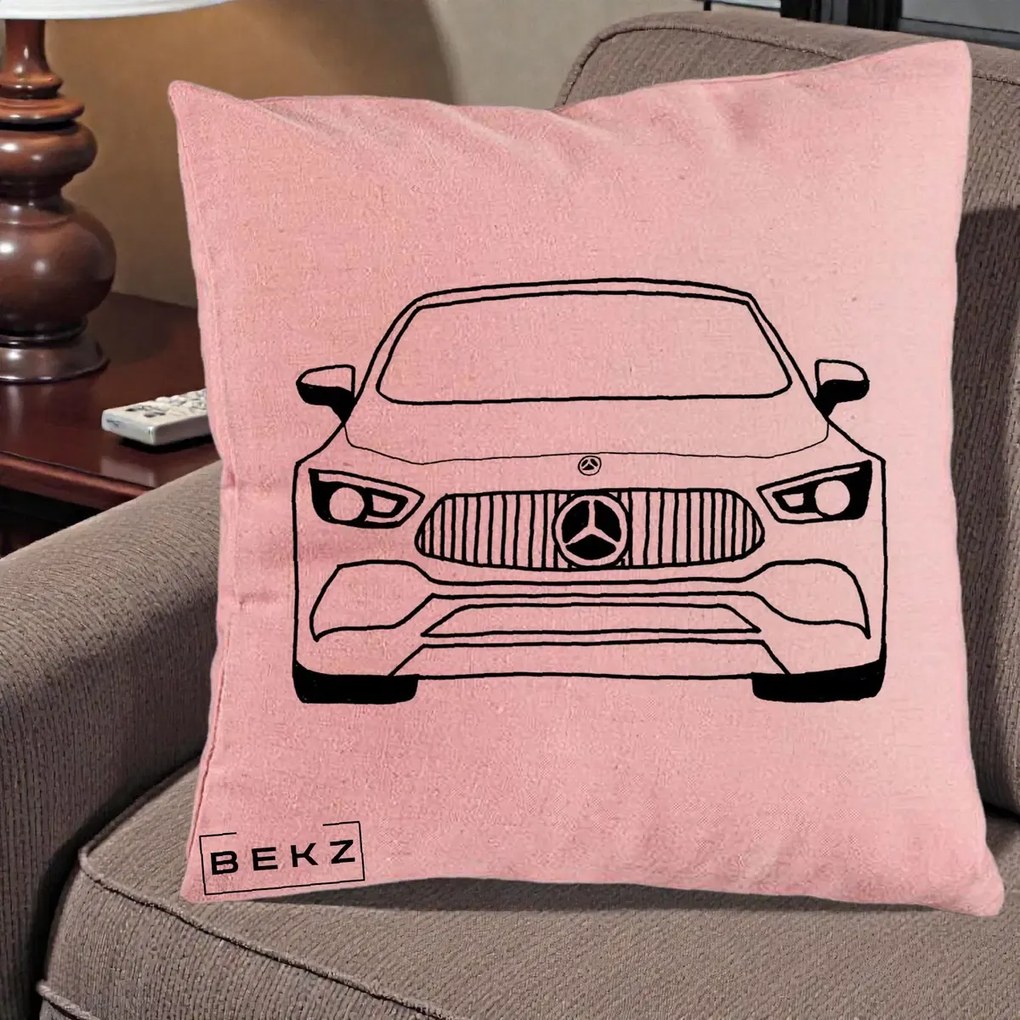 Perna Personalizata Mercedes-Benz Fata Linie, 40x40 cm, Roz, Husa Detasabila, Perna Inclusa, BEKZ®