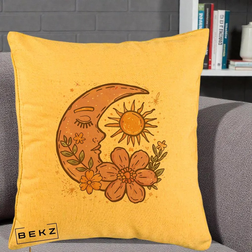 Perna Personalizata Luna si Soare Floral Boho, 40x40 cm, Galben, Husa Detasabila, Perna Inclusa, BEKZ®