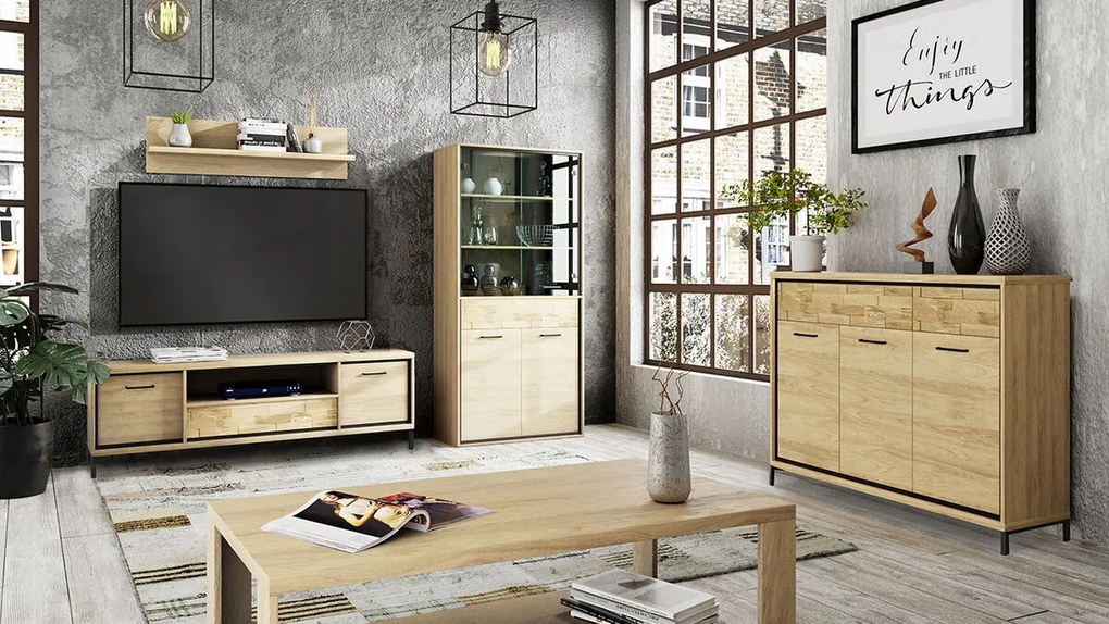 Camera de zi Stanton F122Luminos lemn, Stejar, Părți separate, Cu comodă tv, Cu componente suplimentare, PAL laminat, Sticlă călită, 238 kg