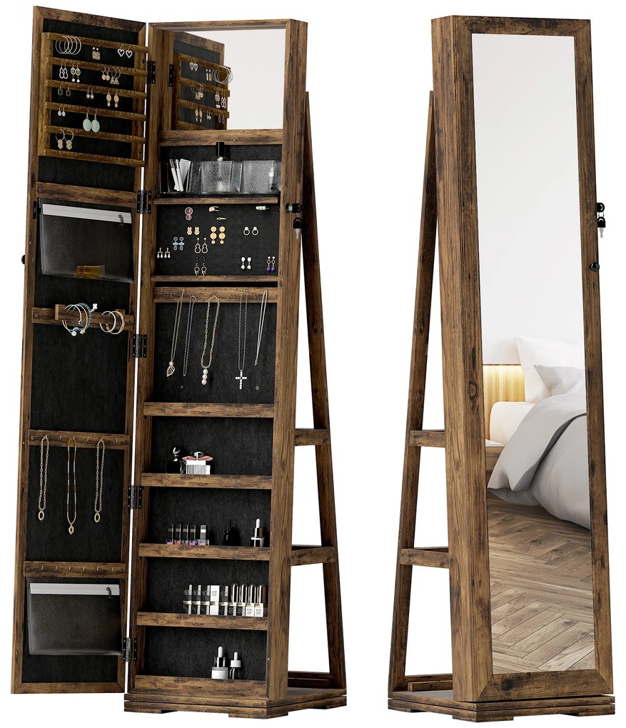 HOMCOM Armoire de Bijuterii pivotantă, blocabilă, cu oglindă - Dulap Bijuterii Multi-Depozitare - Brun Rustic | Aosom Romania