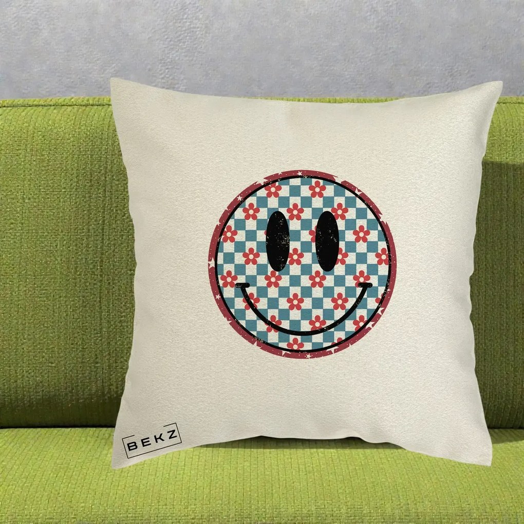 Perna Decorativa Smiley Face Checkered cu Floricele, 40x40 cm, Ecru, Husa Detasabila, Perna Inclusa, BEKZ®