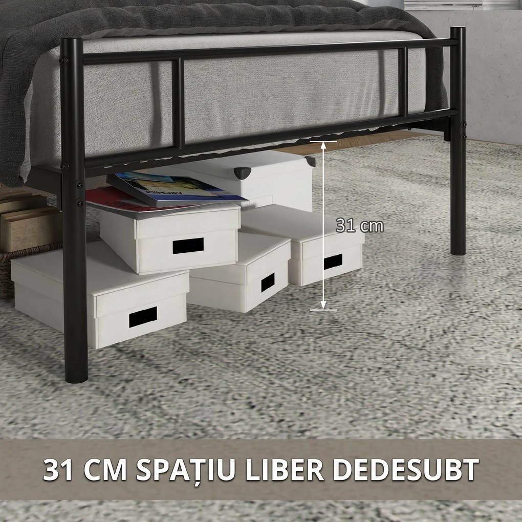 Structura Pat HOMCOM, 1 loc din Otel 900x200cm, Sipci Integrate, Tetiera si Tablie, Negru | Aosom Romania