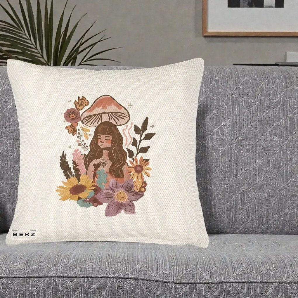 Perna Decorativa Fata Ciuperca Boho Florala, 40x40 cm, Crem Reliefat, Husa Detasabila, Perna Inclusa, BEKZ®