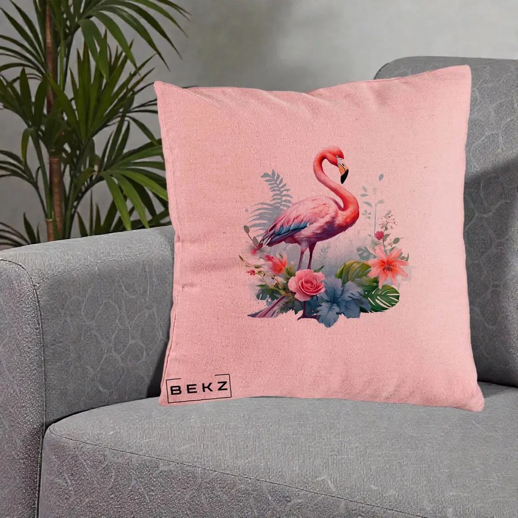 Perna Decorativa Flamingo cu Flori Tropicale Acuarela, 40x40 cm, Roz, Husa Detasabila, Perna Inclusa, BEKZ®