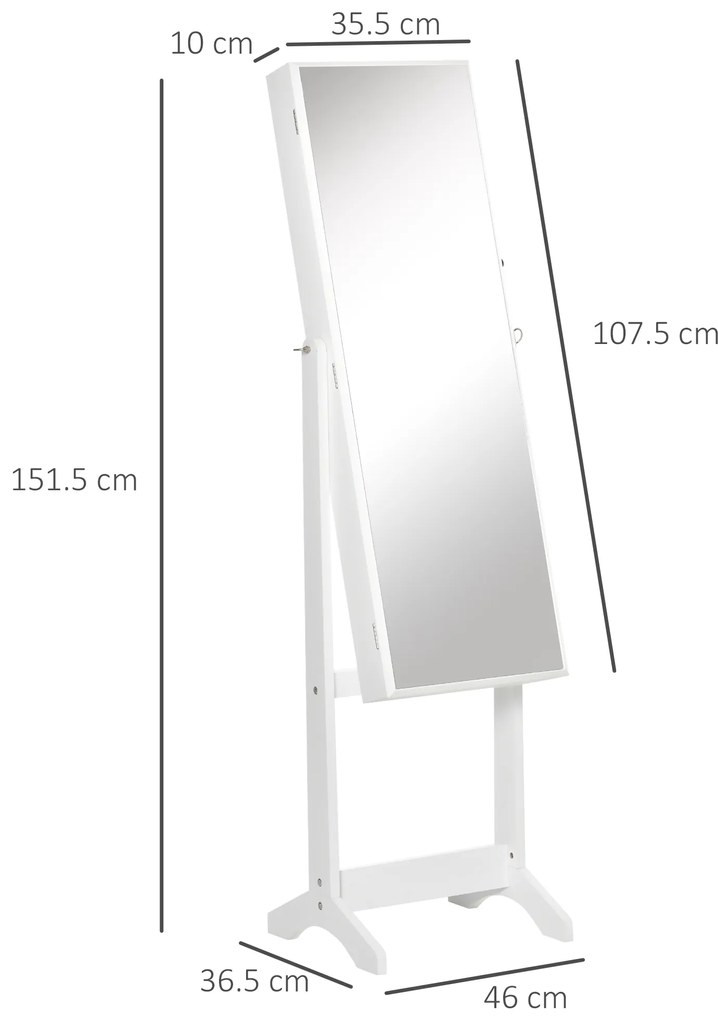 HOMCOM Oglindă Portbijuterii, Dulap Portbijuterii cu Unghi Reglabil, Organizator pentru Inele, Coliere, Cercei, Încuietoare cu Cheie, pentru Dormitor, Living, 46x36.5x151.5cm, Alb | Aosom Romania