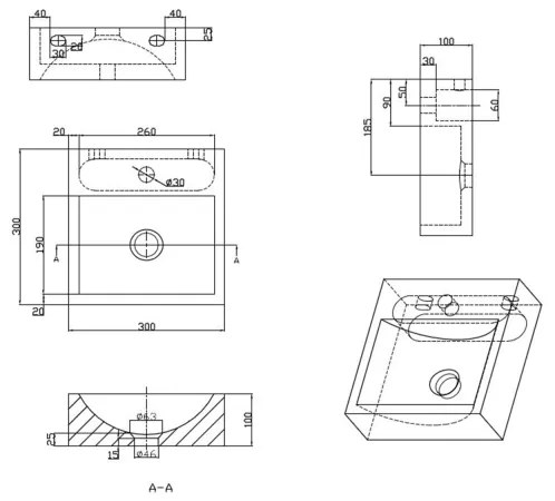 Sapho - Lavoar suspendat BLOK 30 x 30 cm, antracit