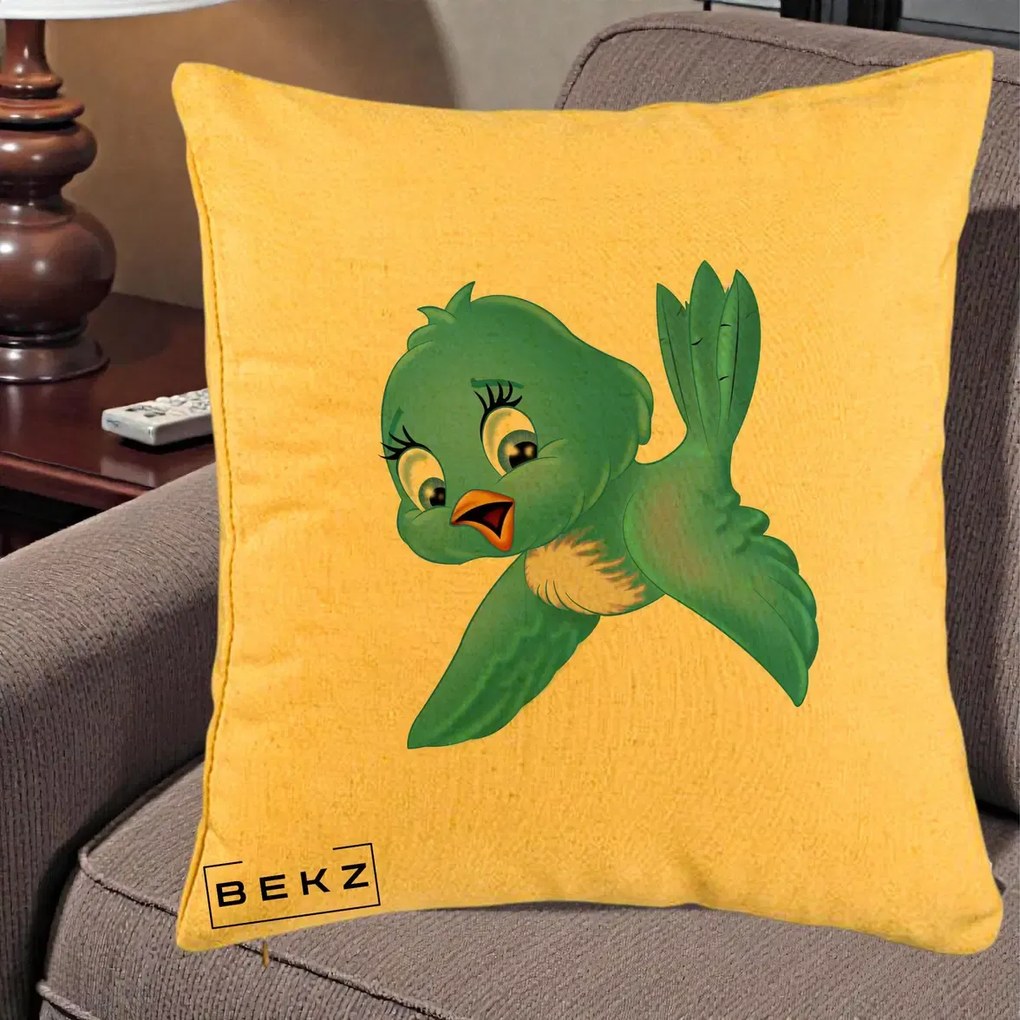 Perna Decorativa Pui de Pasare Albastru, 40x40 cm, Galben, Husa Detasabila, Perna Inclusa, BEKZ®