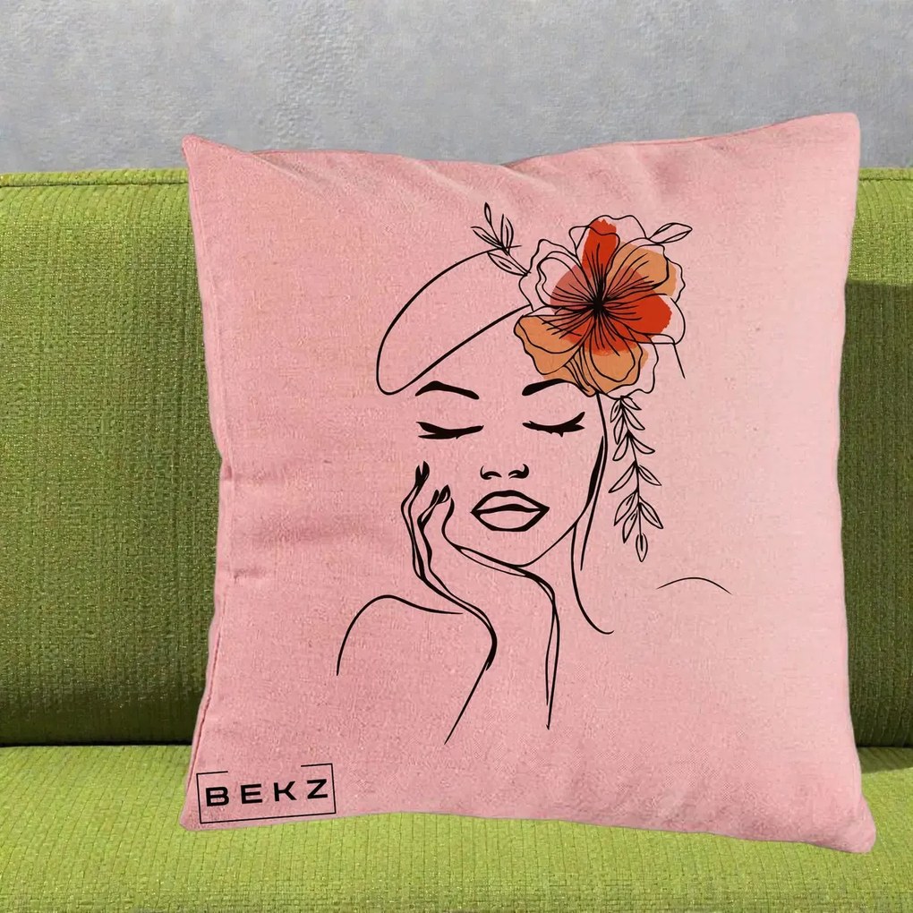 Perna Decorativa Portret Feminin Flori Palarie, 40x40 cm, Roz, Husa Detasabila, Perna Inclusa, BEKZ®