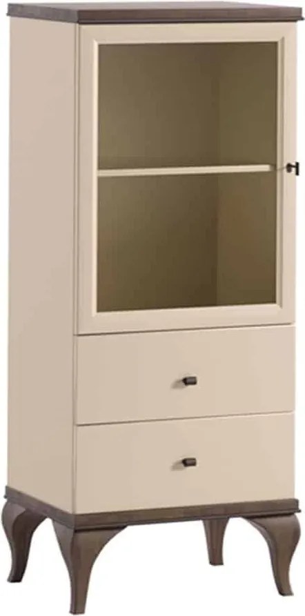 Vitrină lemn masiv nuc Leona Crem-, 56 × 42 × 132 cm