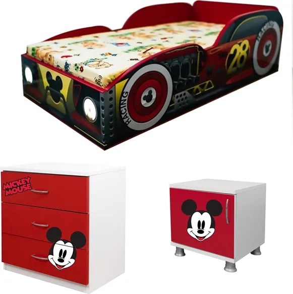 Pat masina Mickey lumini cu comoda si noptiera cadou