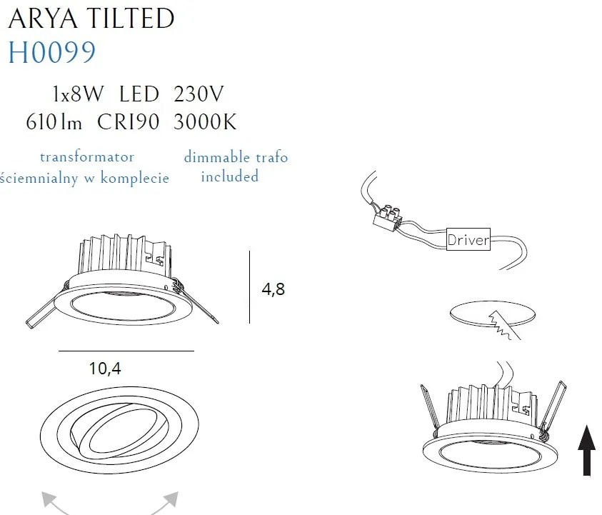 Spot directionabil, incastrabil tavan fals, LED dimabil, ARYA TILTED negru H0099 MX