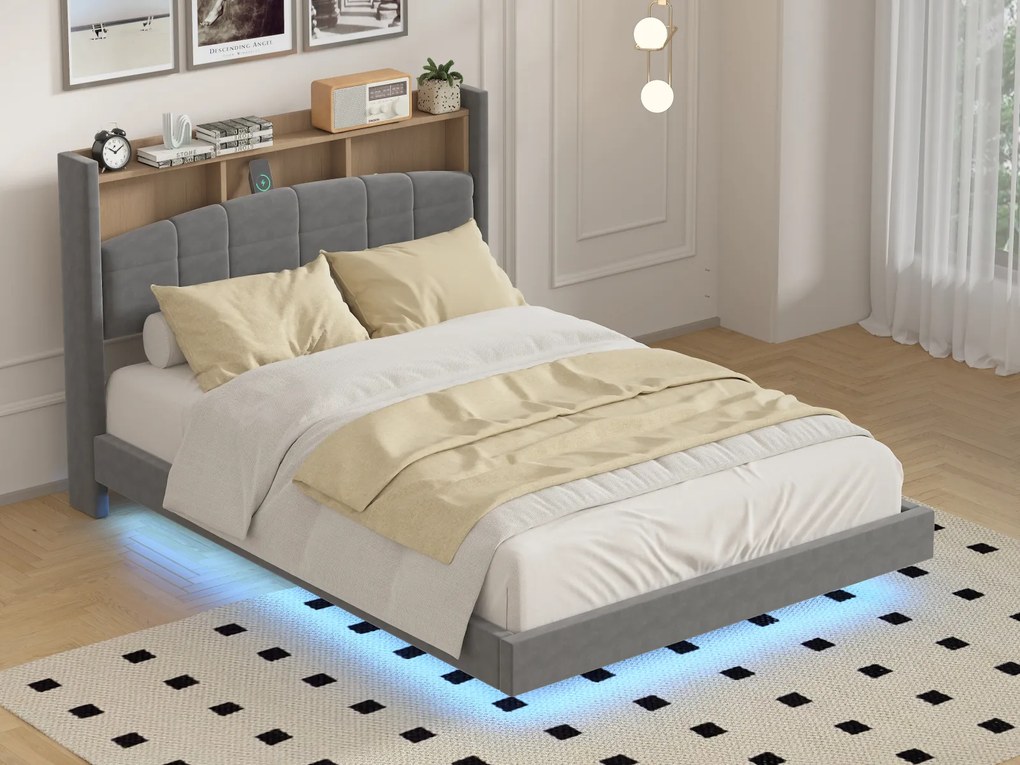 Pat C01 Tapitat Catifea 160x200cm, cu iluminare LED integrata, Gri, Saltea Ortopedica 20cm inclusa