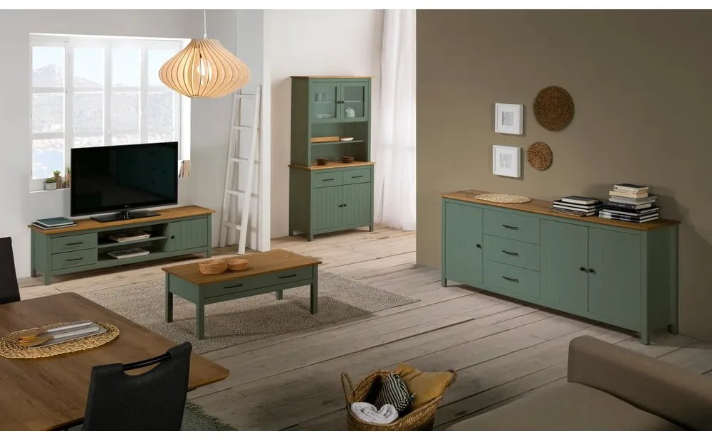 Vitrină verde din lemn masiv de pin 90x180 cm Miranda – Marckeric