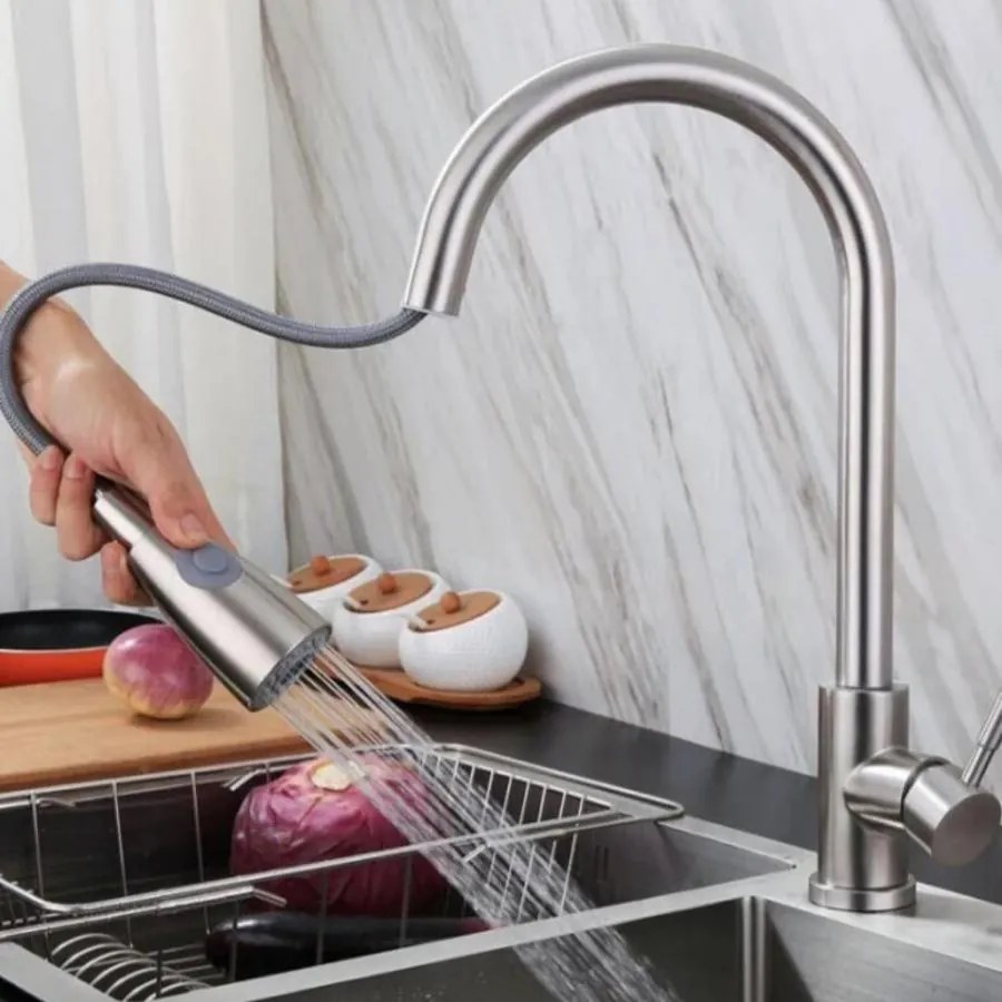 Baterie Bucătărie cu Duș Extractibil, Inox Satinat, Model CF017 – Design Elegant și Practic pentru Confortul Bucătăriei