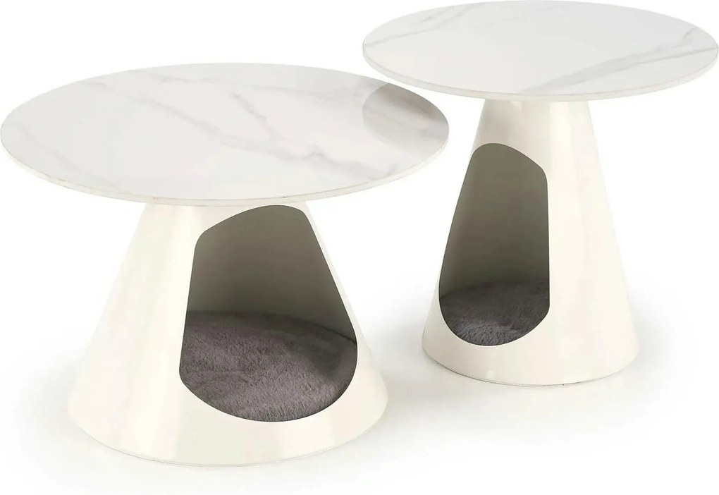 Set 2 masute cafea OSARIO, alb cu efect de marmura, ceramica/metal