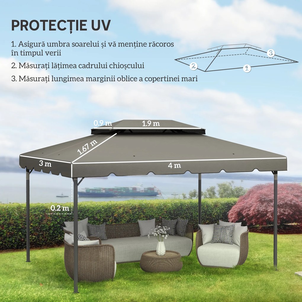 Outsunny Acoperiș de Rezervă pentru Pavilion 4x3 m cu 2 Niveluri pentru Grădină, Copertină Rezistentă la Apă din Poliester 170g/㎡ cu 8 Găuri de Drenaj, Gri Deschis | Aosom Romania