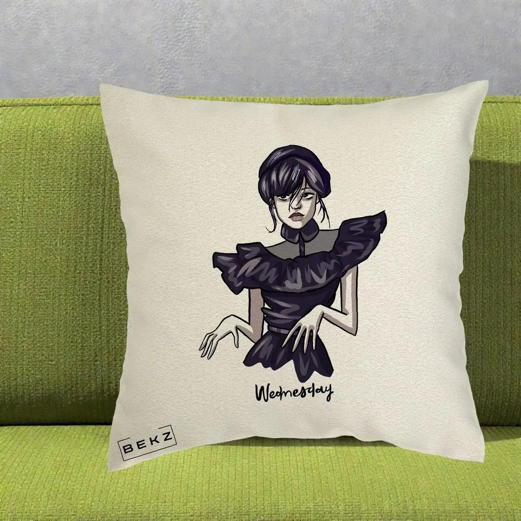 Perna Personalizata Wednesday Addams Dans Gotic, 40x40 cm, Ecru, Husa Detasabila, Perna Inclusa, BEKZ®