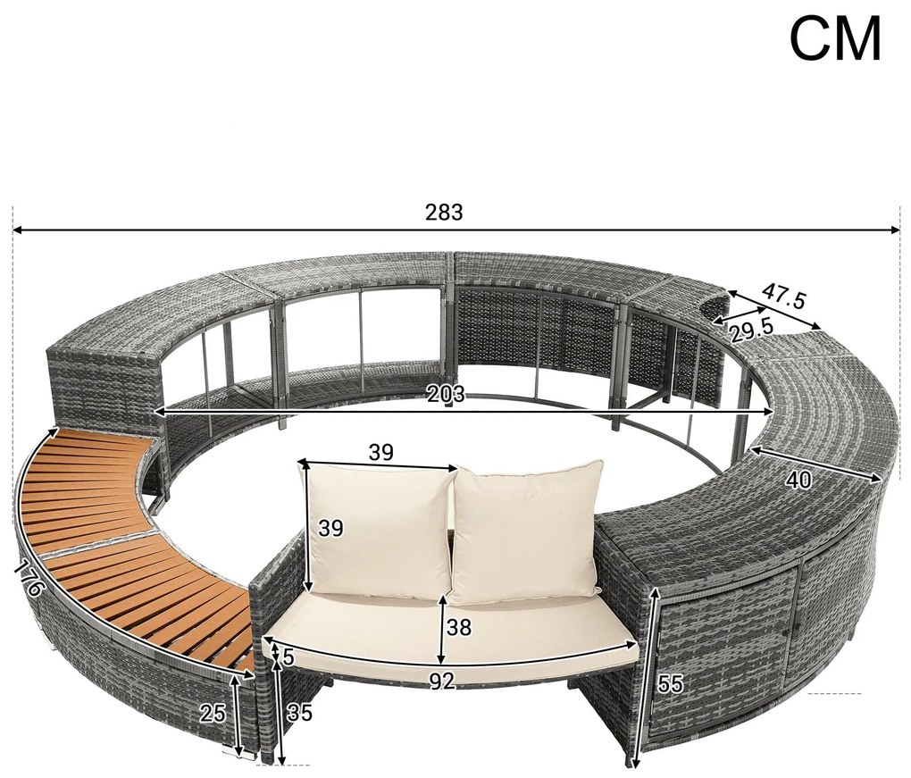 Set de lounge pentru grădină cu canapea rotundă, picioare ajustabile, include perne, pentru jacuzzi și piscină, Gri