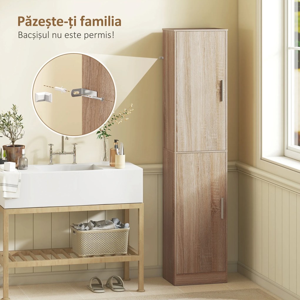 HOMCOM Dulap coloană pentru baie cu 2 compartimente și 6 rafturi reglabile, aspect lemn, 40x35x180 cm, culoare lemn | Aosom Romania