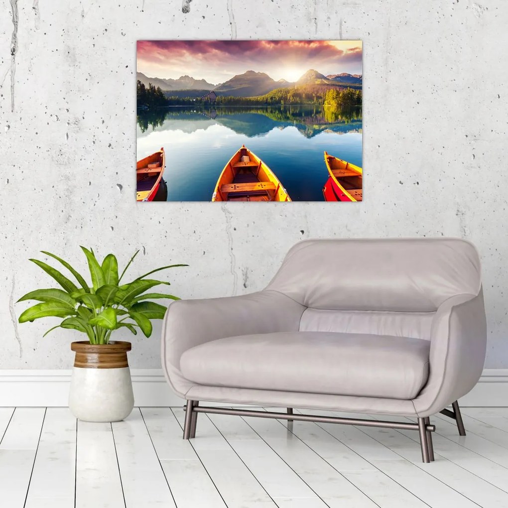 Tablou pe sticlă - Lac cu bărci (70x50 cm)