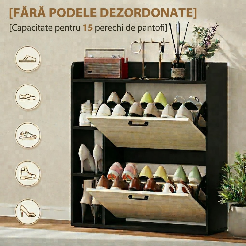HOMCOM Dulap pentru pantofi slim cu 2 sertare și 3 compartimente deschise, Capacitate 15 perechi, 83x24x90.5 cm, Negru | Aosom Romania