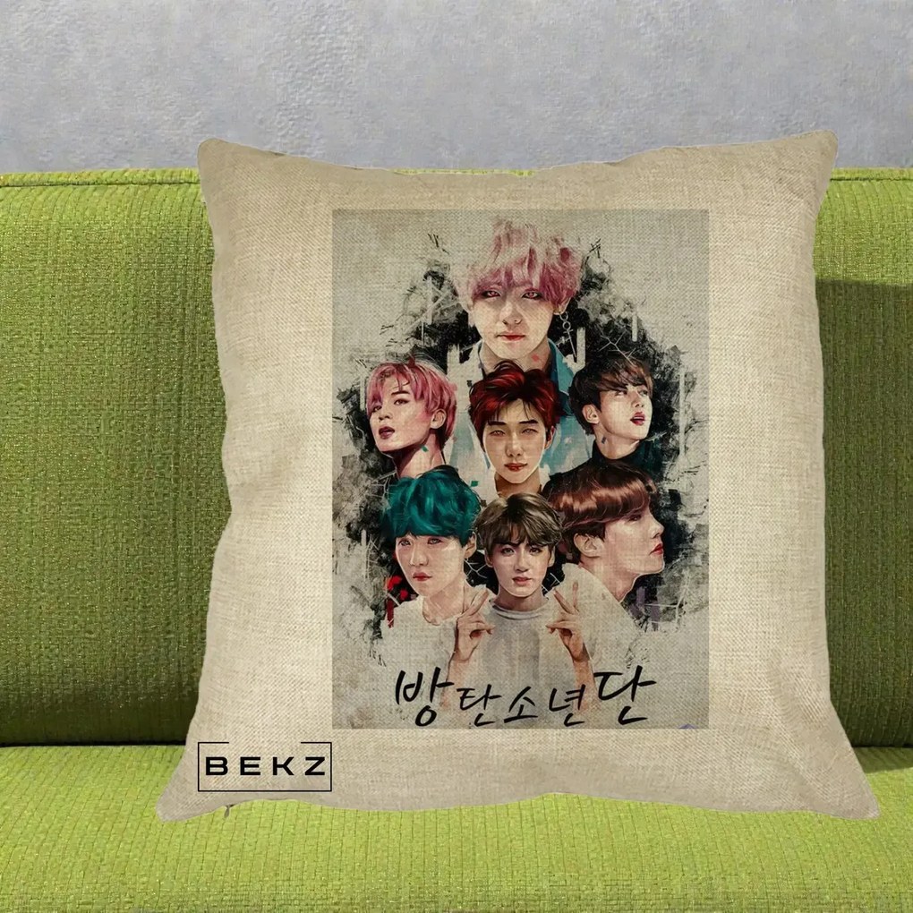 Perna Personalizata K-pop BTS Bangtan Boys Poster Artistic Negru Alb, 40x40 cm, Crem, Husa Detasabila, Perna Inclusa, BEKZ®