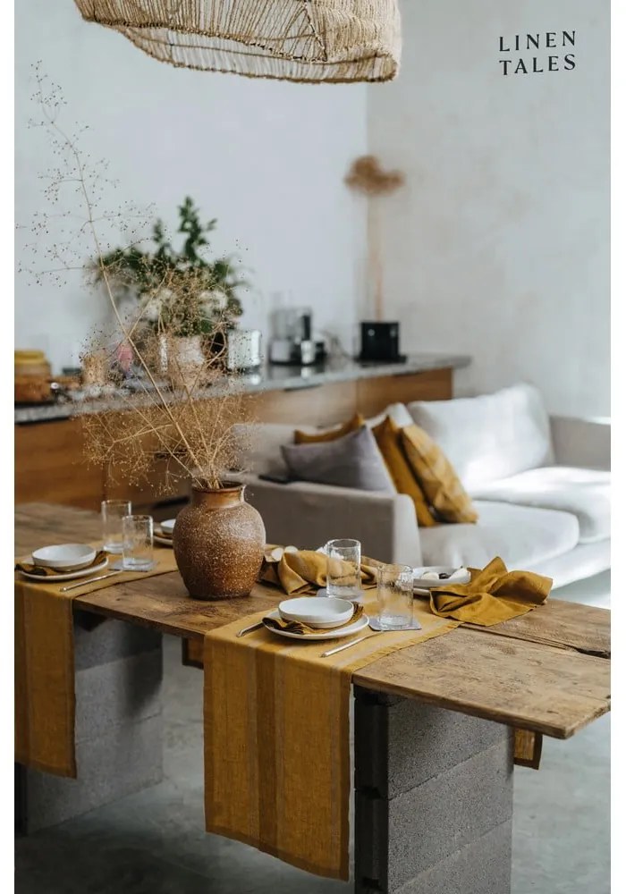Napron de masă din in 200x200 cm Amber Bronze Stripes – Linen Tales