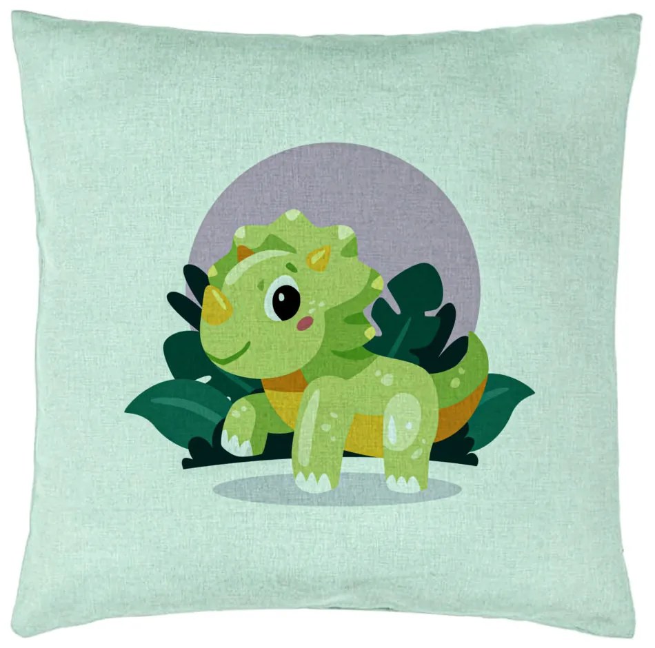 Perna Decorativa, Model Baby Dinozaur Verde Menta cu Peisaj, 40x40 cm, Verde Menta, Husa Detasabila, Burduf