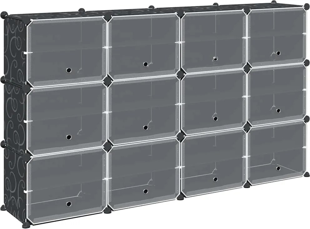 vidaXL Organizator cub de depozitare cu uși, 12 cuburi, negru, PP