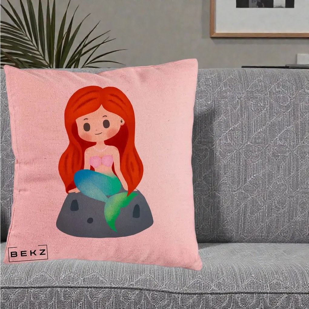 Perna Personalizata Sirena Kawaii Roscat, 40x40 cm, Roz, Husa Detasabila, Perna Inclusa, BEKZ®