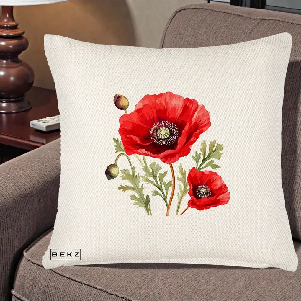 Perna Decorativa Maci Rosii Acuarela, 40x40 cm, Crem Reliefat, Husa Detasabila, Perna Inclusa, BEKZ®