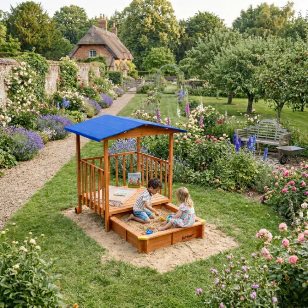 Groapa cu nisip cu verandă SUNNY, 130x130x143cm, maro/albastră Jurhan