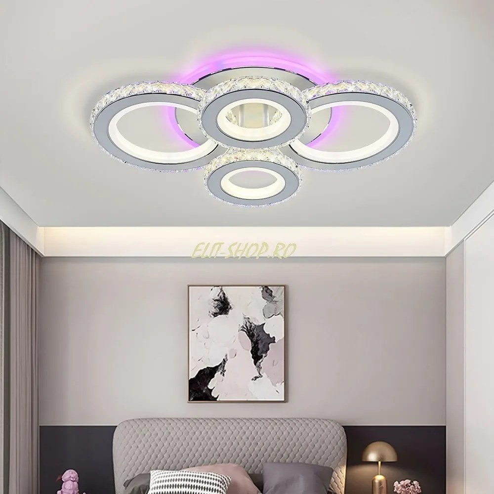 Lustra LED Cu Telecomanda, Elit's Cristal, 2-2 Cercuri, Alb, 90W, RGB