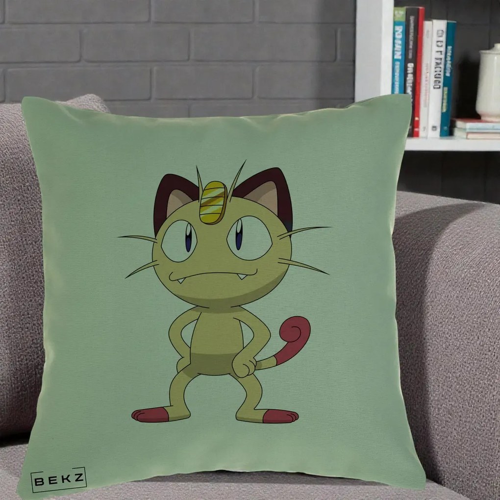 Perna Personalizata Meowth Pokemon, 40x40 cm, Verde, Husa Detasabila, Perna Inclusa, BEKZ®