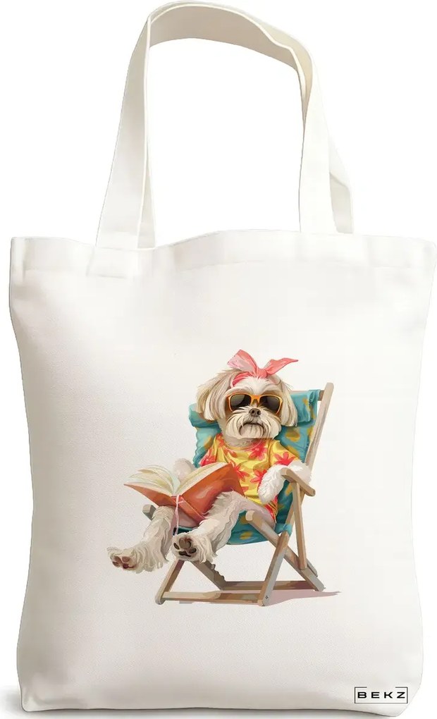 Sacosa de Panza pentru Cumparaturi, Geanta Tote, model Reading puppy 16 38 x 34.5 cm, Alba, BEKZ®