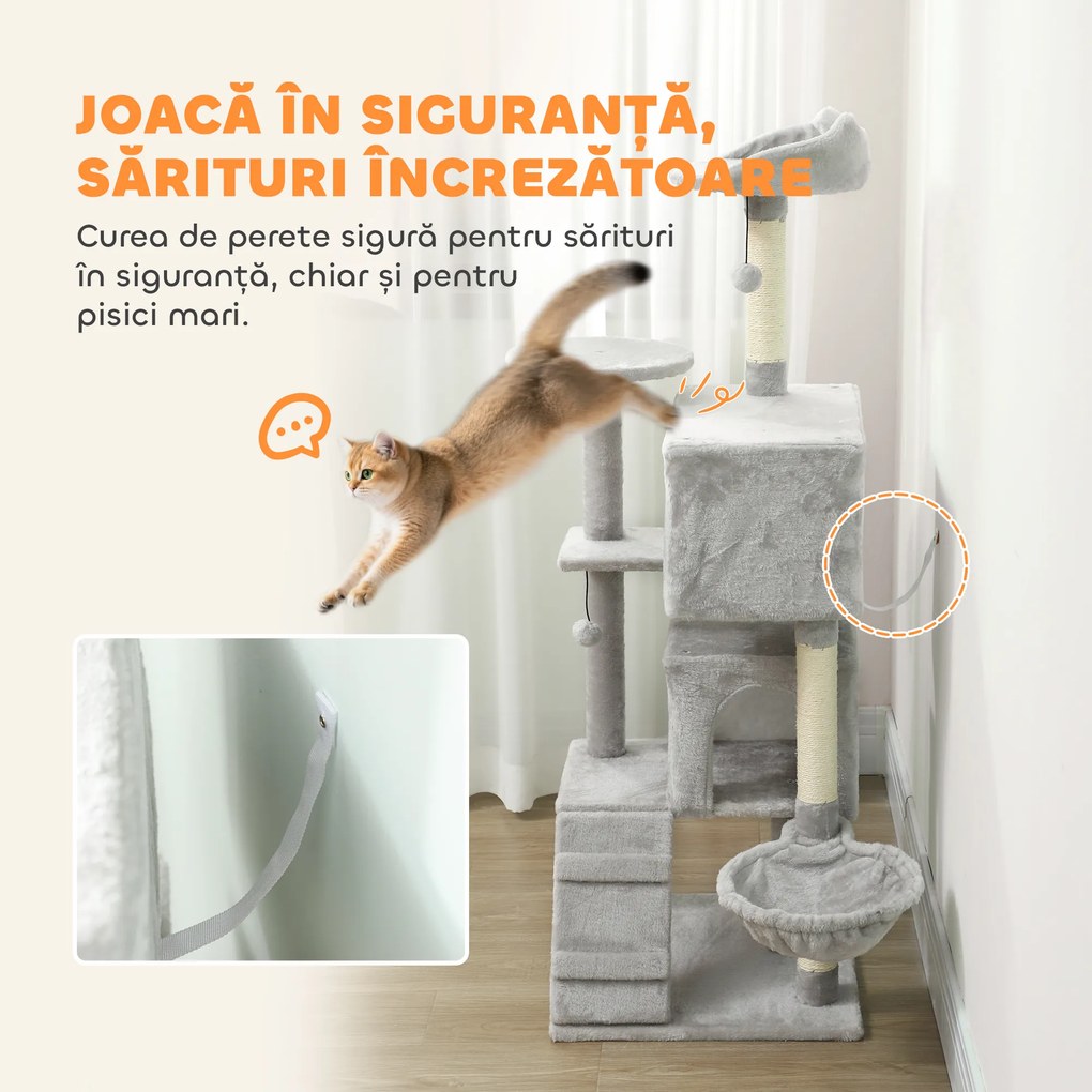 PawHut Arbore Zgâriător pentru Pisici Înalt de 140 cm cu 2 Căsuțe, Hamac, Pat și Stâlpi din Sisal, Gri | Aosom Romania