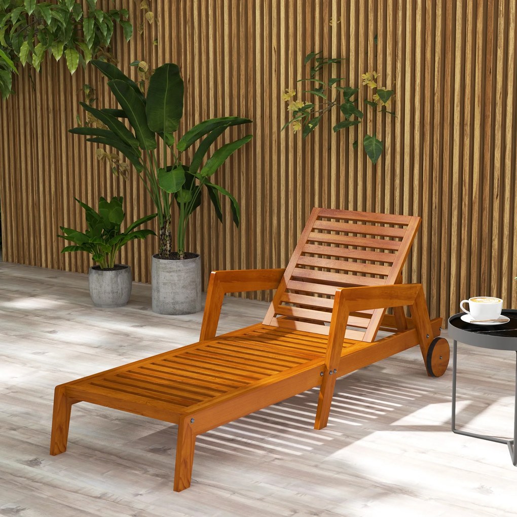 Outsunny Șezlong din lemn cu lamele cu spătar reglabil în 3 poziții cotiere 2 roți 66 x 190 x 73,5 cm | Aosom Romania