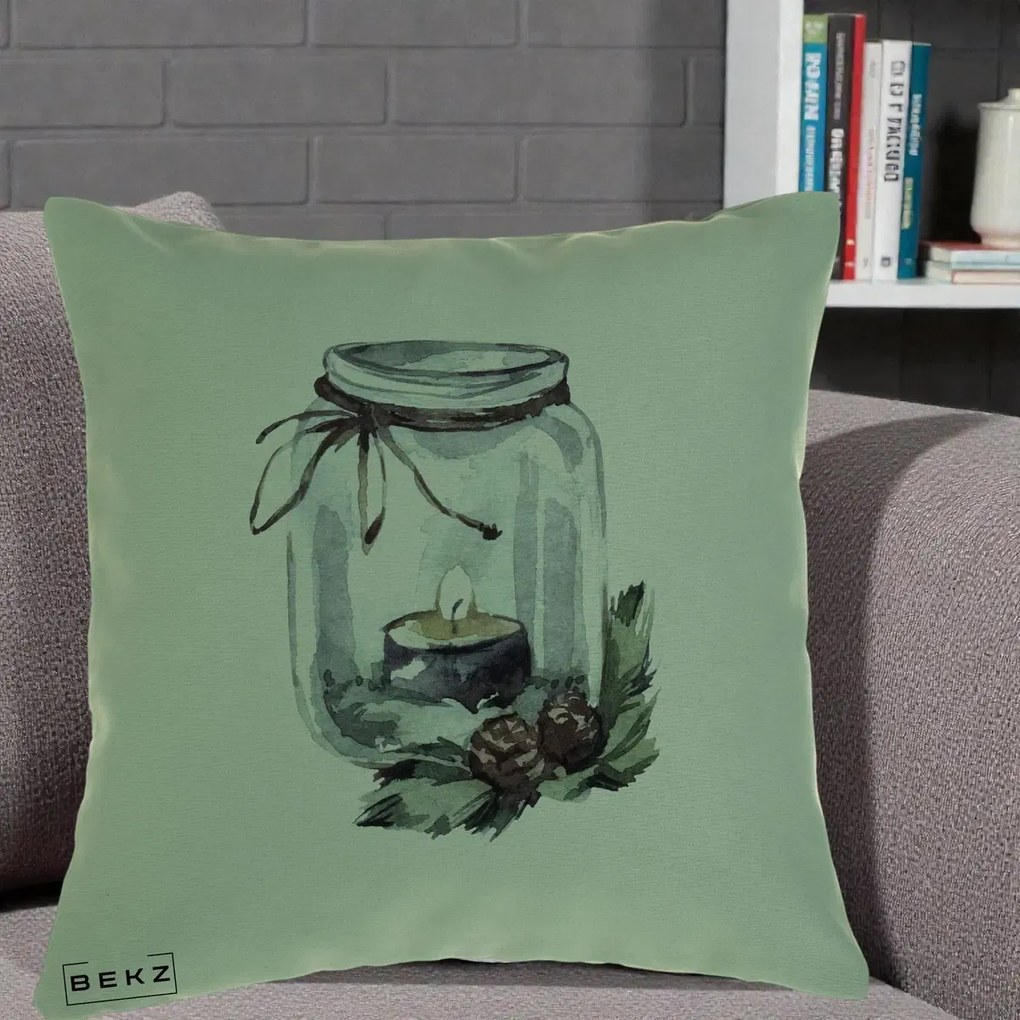 Perna Decorativa Felinar cu Lumanare si Conuri, 40x40 cm, Verde, Husa Detasabila, Perna Inclusa, BEKZ®
