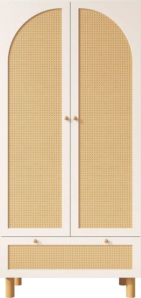 Dulap pentru haine cu 2 uși, front din ratan, sertar mare, rafturi reglabile pe înălțime și bară pentru haine, 180x85x52 cm, Alb