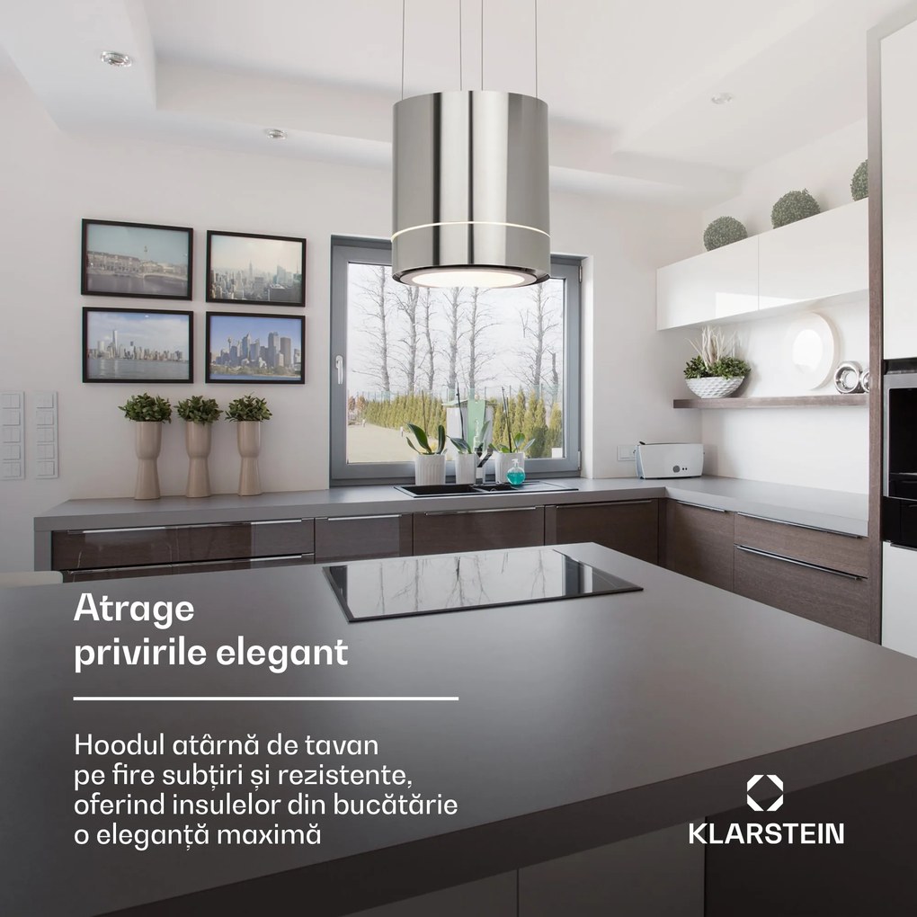 Klarstein Tron Ambience, hotă tip insulă, Ø 38 cm, convecție 540 m³/h, LED, oțel inoxidabil