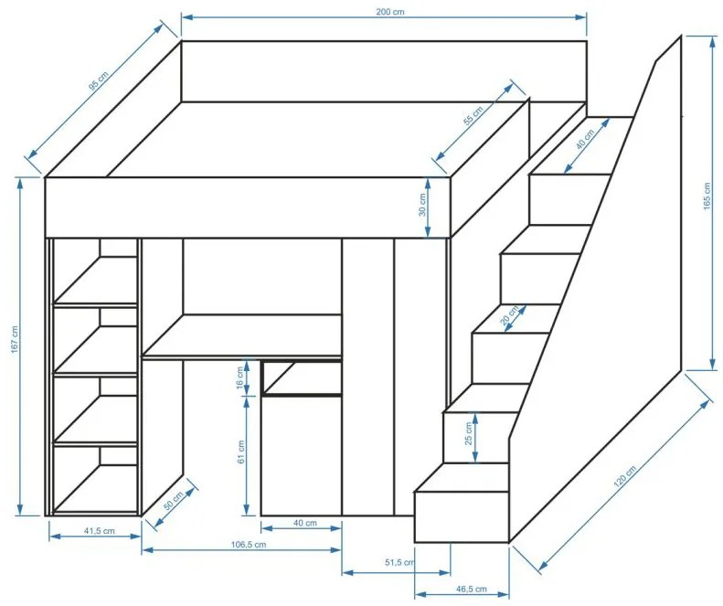 Pat pentru copii combinat 90 cm Kesa 14 (beton + alb mat). 1085829
