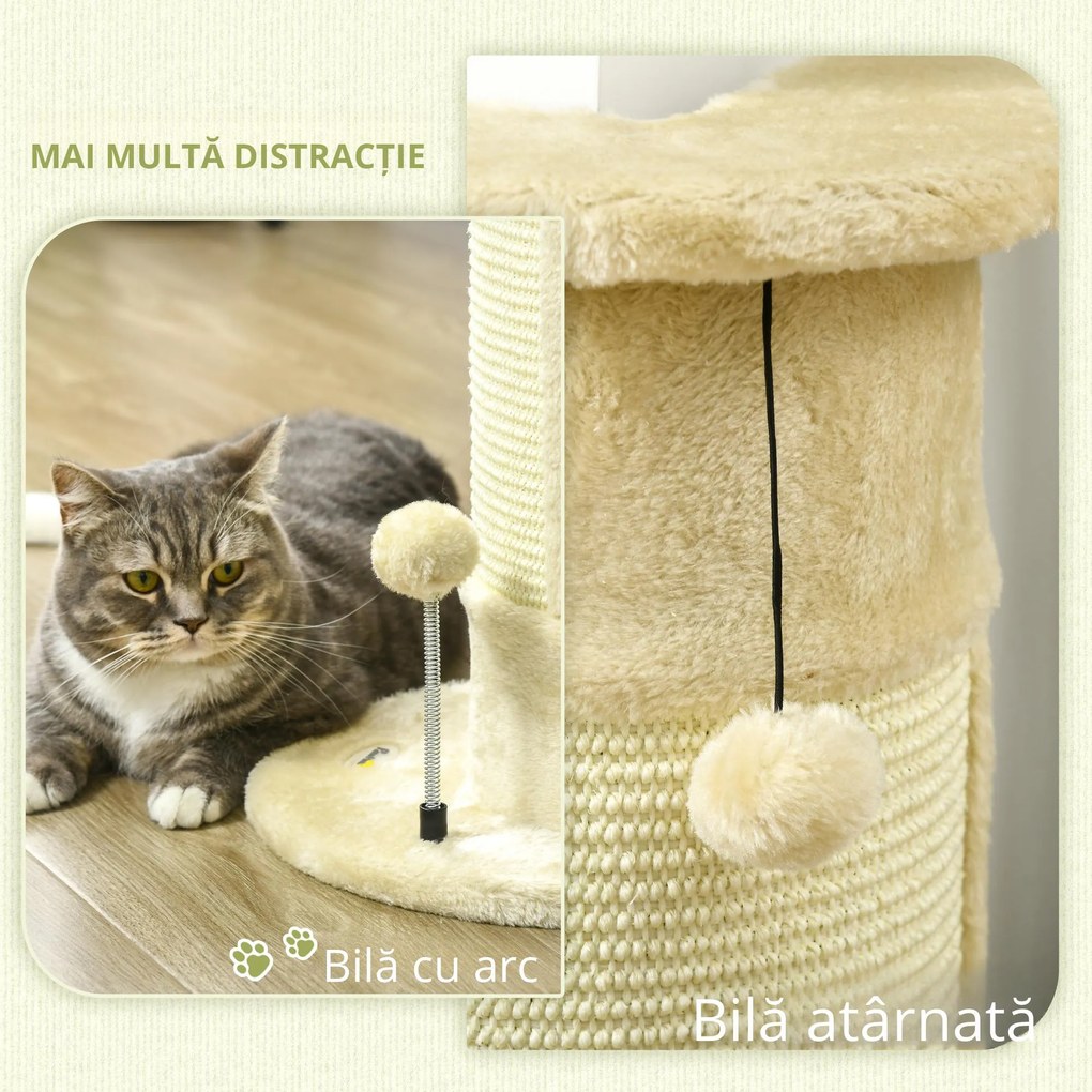 Copac de Zgariat pentru Pisici de Pana la 5kg cu 2 Mingi, Covoras din Sisal si Tapiterie din Plus, 34x25.5x58cm, Bej PawHut | Aosom Romania