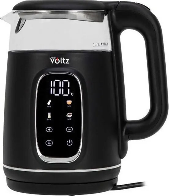 Fierbător electric Oliver Voltz OV51230AF, 2200 W, 1,7 l, 4 moduri, 13 setări de temperatură, afișaj LCD, comandă tactilă, negru/argintiu