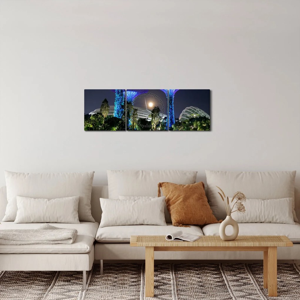 Tablou cu lună plină în grădinile din Singapur (cu ceas) (90x30 cm)