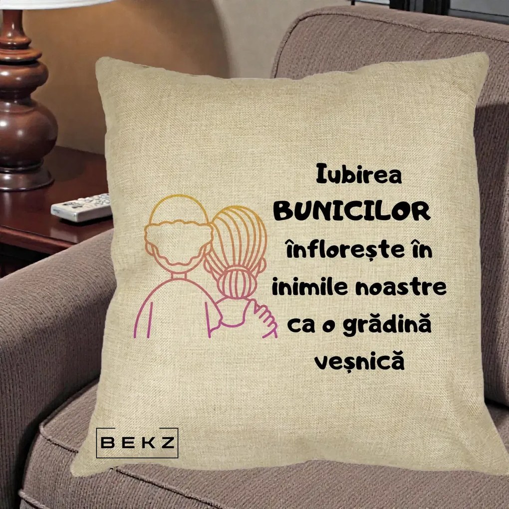 Cadou pentru Bunici - Perna Personalizata Iubirea Bunicilor Infloreste Cuplu Line Art Gradient, 40x40 cm, Crem, Husa Detasabila, Perna Inclusa, BEKZ®
